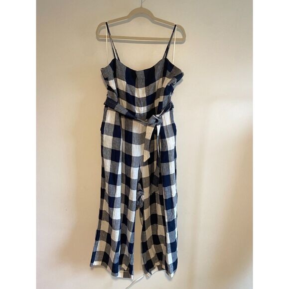 J.CREW Gingham Beauchamps Linen Spaghetti Strap Jumpsuit In Navy Ivory - Picture 3 of 8